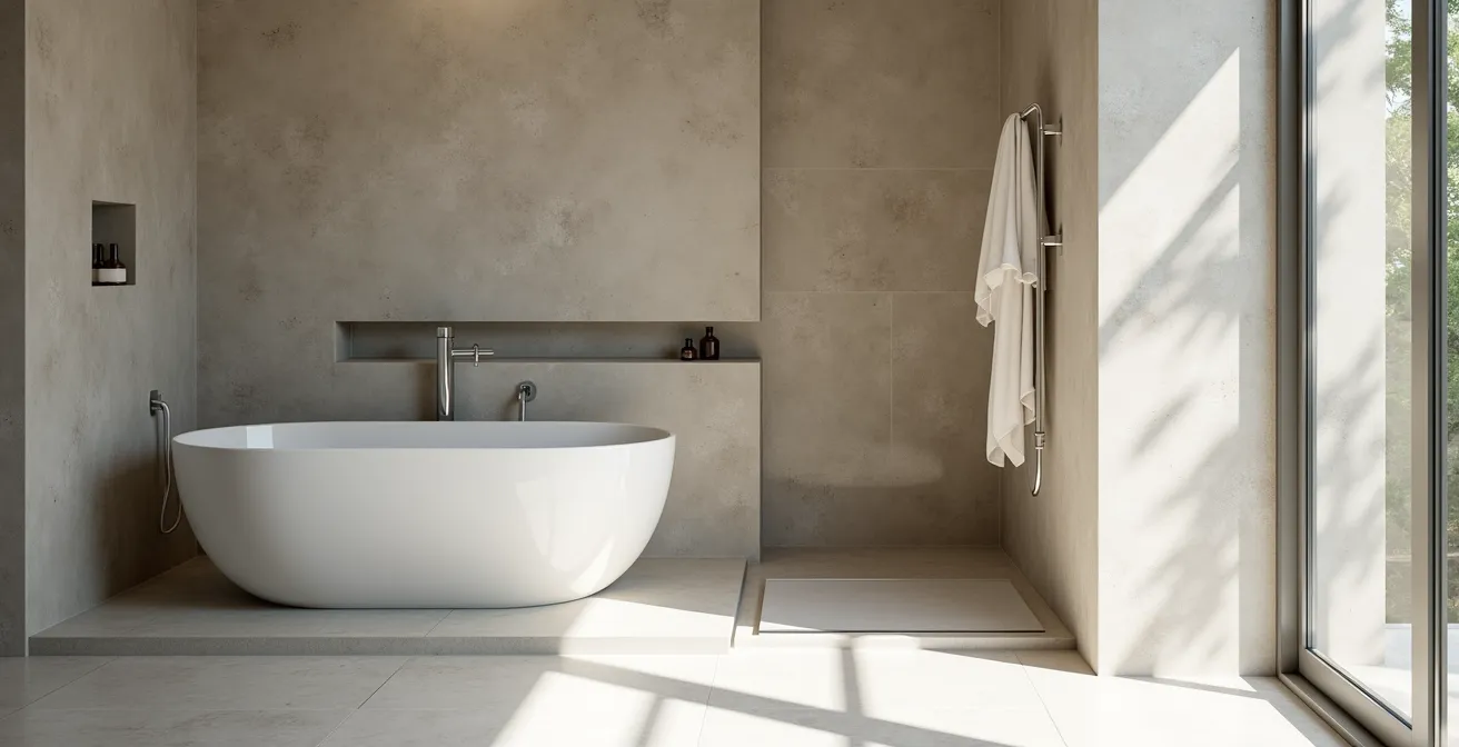 Composition visuelle montrant une baignoire îlot et une douche à l'italienne dans une salle de bain moderne