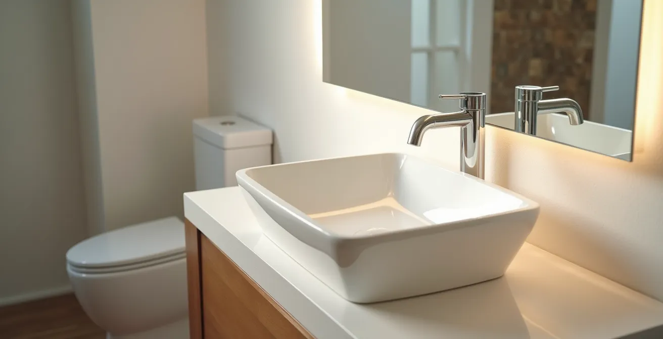 Détail visuel montrant l’harmonie entre un meuble vasque moderne, son miroir coordonné et l’éclairage adapté