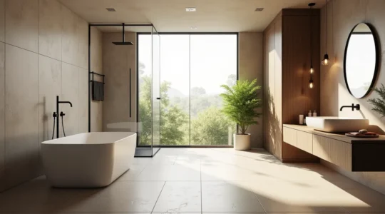 Vue d'ensemble moderne et épurée d'une salle de bain rénovée avec baignoire îlot, douche à l'italienne, vasque design et mobilier suspendu