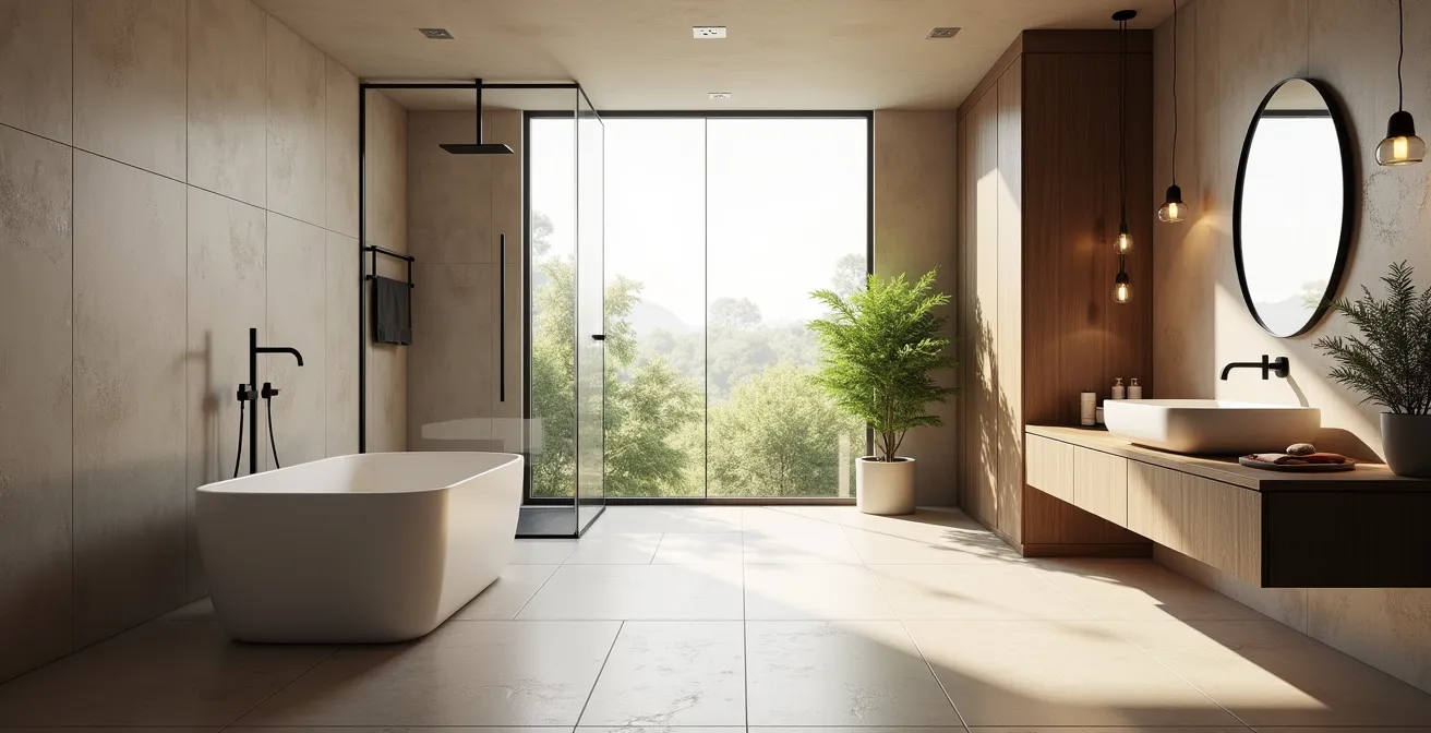 Vue d'ensemble moderne et épurée d'une salle de bain rénovée avec baignoire îlot, douche à l'italienne, vasque design et mobilier suspendu