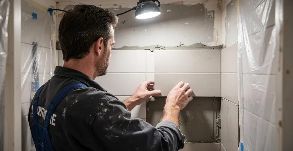 Artisan carreleur posant du carrelage mural lors d'une rénovation salle de bain à Paris