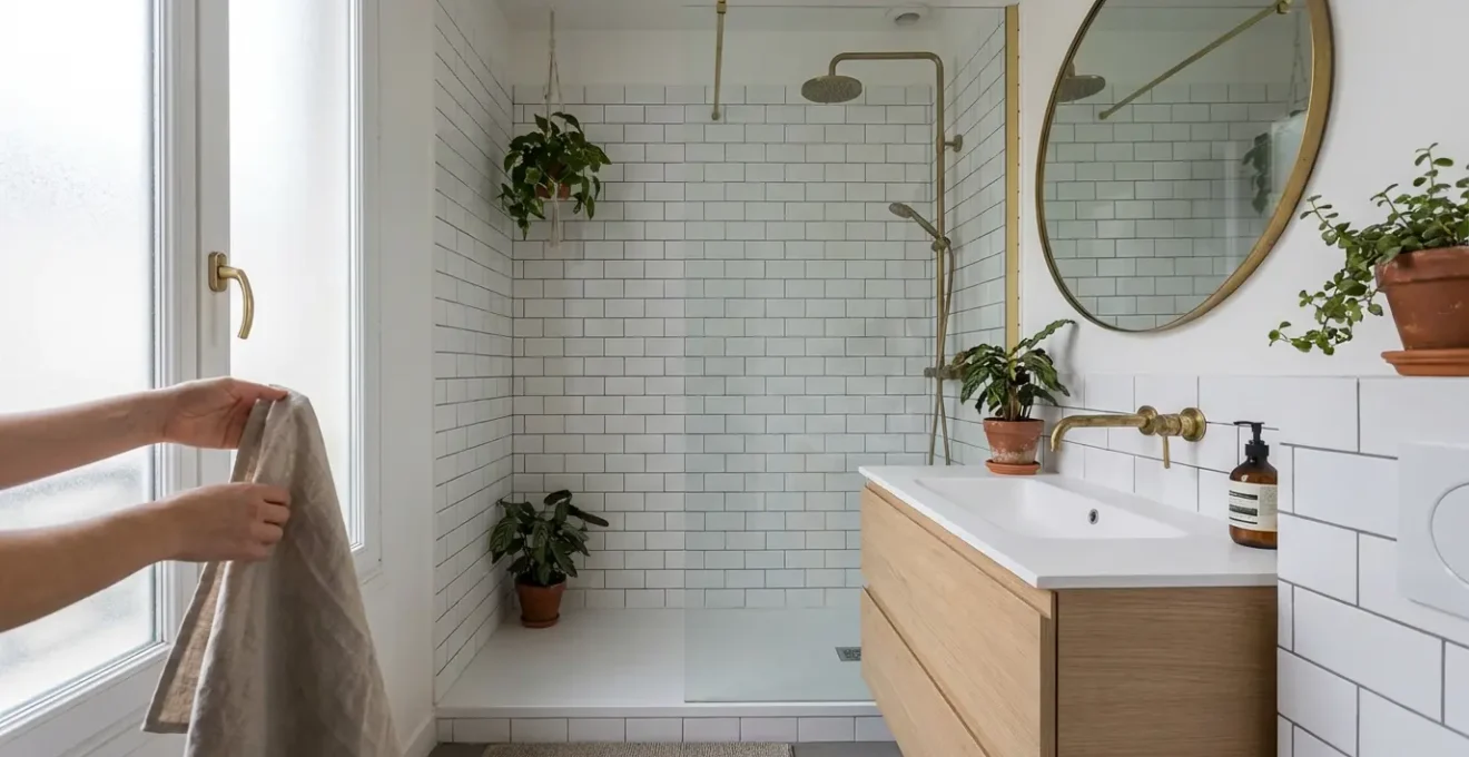Salle de bain moderne rénovée dans appartement parisien avec douche à l'italienne