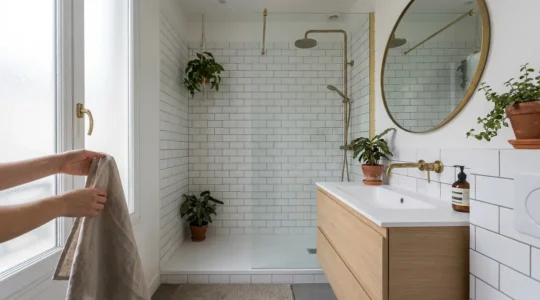 Salle de bain moderne rénovée dans appartement parisien avec douche à l'italienne
